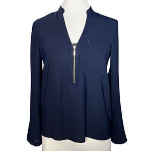 Zara basic Collection Roll Tab Sleeve 1/2 Zip Chiffon Georgette Pullover Blouse
